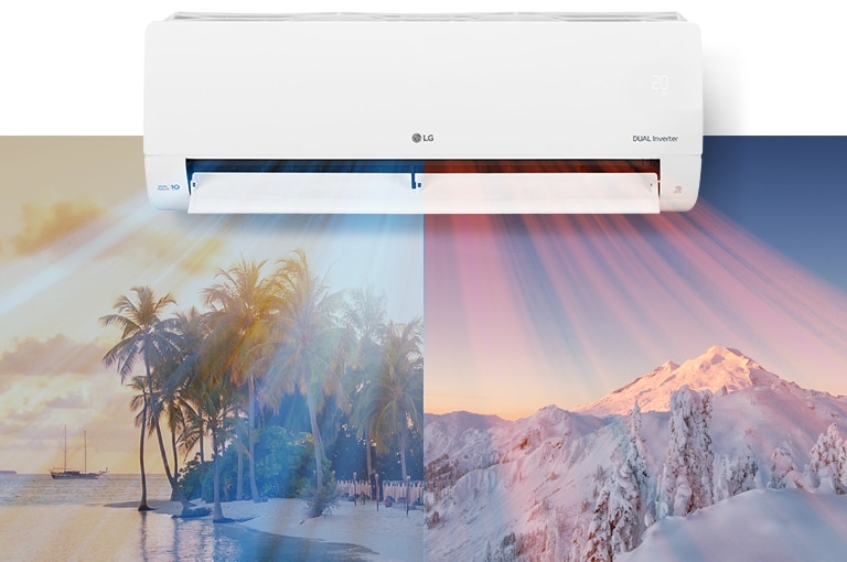 Угорі по центру зображення висить кондиціонер LG. Під ним розташовано два зображення: на одному зображено спекотний пляж, а на другому – засніжену гору. З кондиціонера виходить прохолодне блакитне повітря на пляжі та тепле червоне повітря на сніговій сцені.