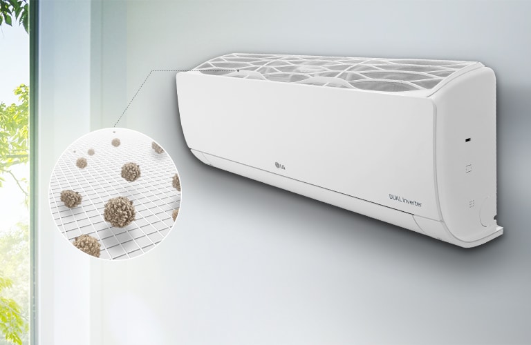 Вигляд збоку на кондиціонер LG, розміщений на стіні. Лінія від фільтра попереднього очищення, розміщеного зверху, веде до збільшеного кола, що показує пил, який вловив цей фільтр.