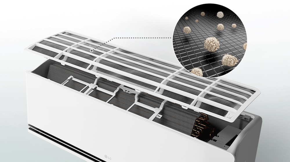 Кондиціонер із відкритим фільтром і детальним розрізом, що відфільтровує пил