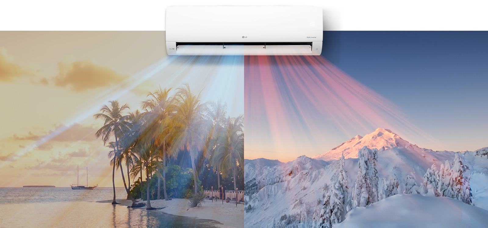 Угорі по центру зображення висить кондиціонер LG. Під ним розташовано два зображення: на одному зображено спекотний пляж, а на другому – засніжену гору. З кондиціонера виходить прохолодне блакитне повітря на пляжі та тепле червоне повітря на сніговій сцені.