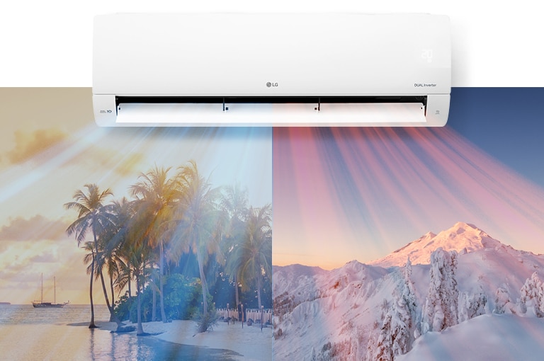 Угорі по центру зображення висить кондиціонер LG. Під ним розташовано два зображення: на одному зображено спекотний пляж, а на другому – засніжену гору. З кондиціонера виходить прохолодне блакитне повітря на пляжі та тепле червоне повітря на сніговій сцені.