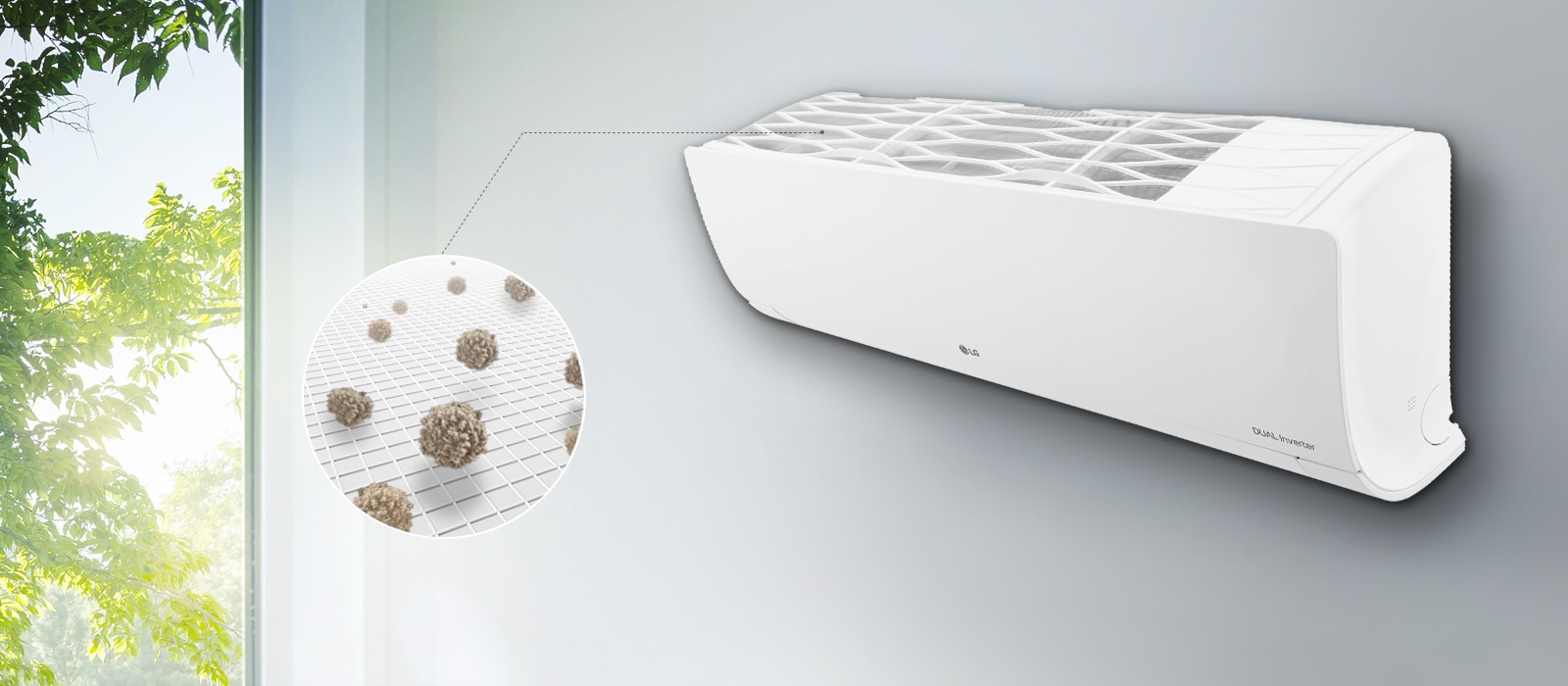 Вигляд збоку на кондиціонер LG, розміщений на стіні. Лінія від фільтра попереднього очищення, розміщеного зверху, веде до збільшеного кола, що показує пил, який вловив цей фільтр.