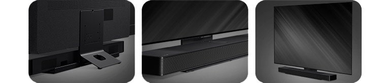 Відеокліп доступний вище. Нижче показано три зображення з сірим фільтром: кронштейн, підставка та телевізор, встановлений на стіні, зліва направо.