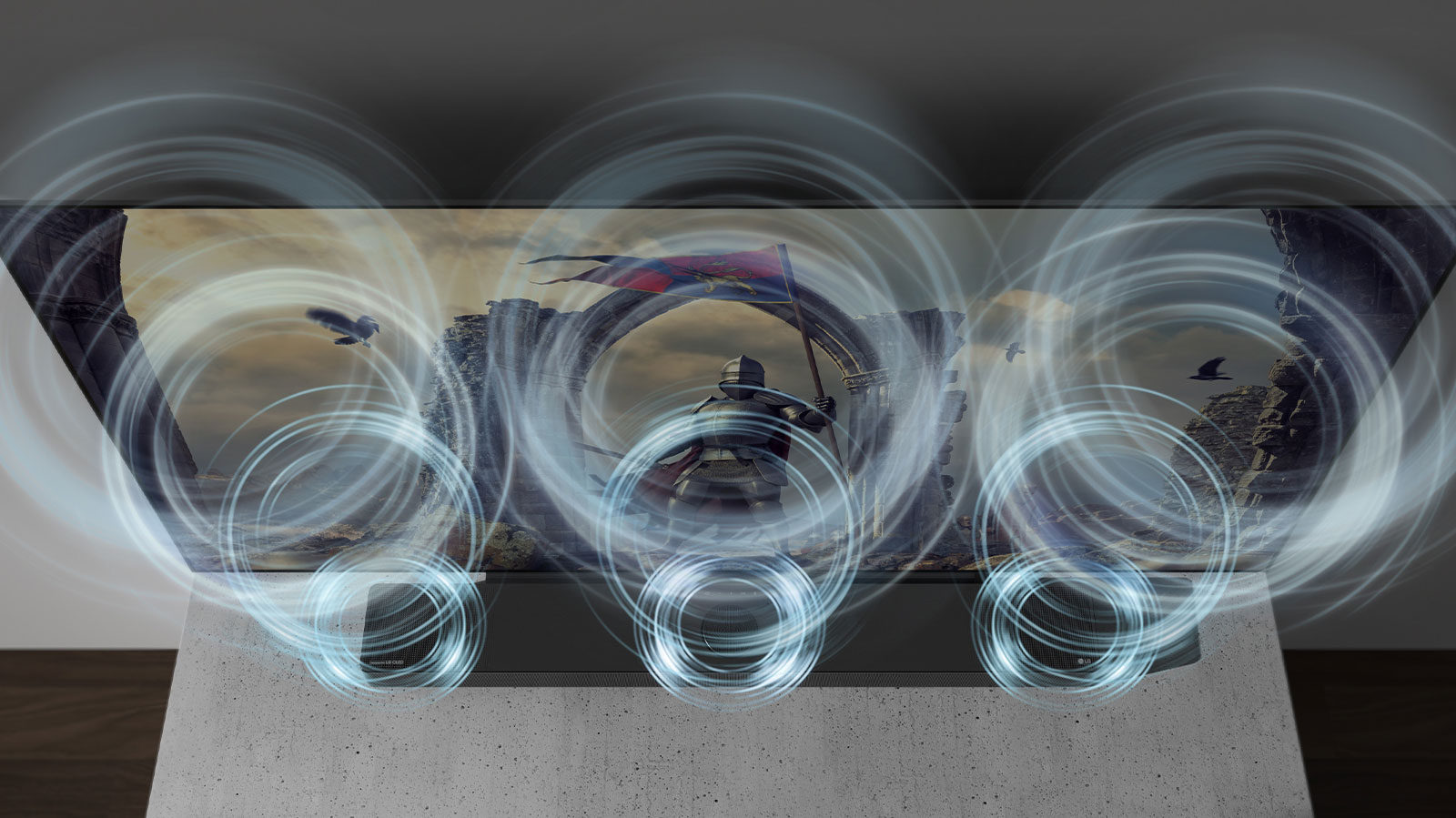 Звукова панель стоїть на шафі, випускаючи сині кругові звукові хвилі прямо перед телевізором.