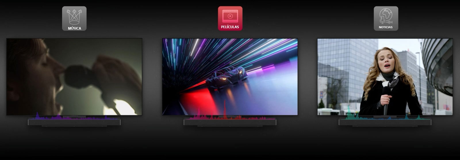 Анімаційне відео для ілюстрації технології AI Sound Pro звукової панелі. Спочатку показується відео гоночного автомобіля під різнокольоровими прямими вогнями з червоними звуковими хвилями внизу посередині. Потім сцена змінюється на співачку з мікрофоном біля губ на темно-зеленому фоні, а сині та фіолетові звукові хвилі внизу зліва показують музичний режим. Нарешті, ведуча з мікрофоном перед будівлями з зеленими звуковими хвилями внизу справа.