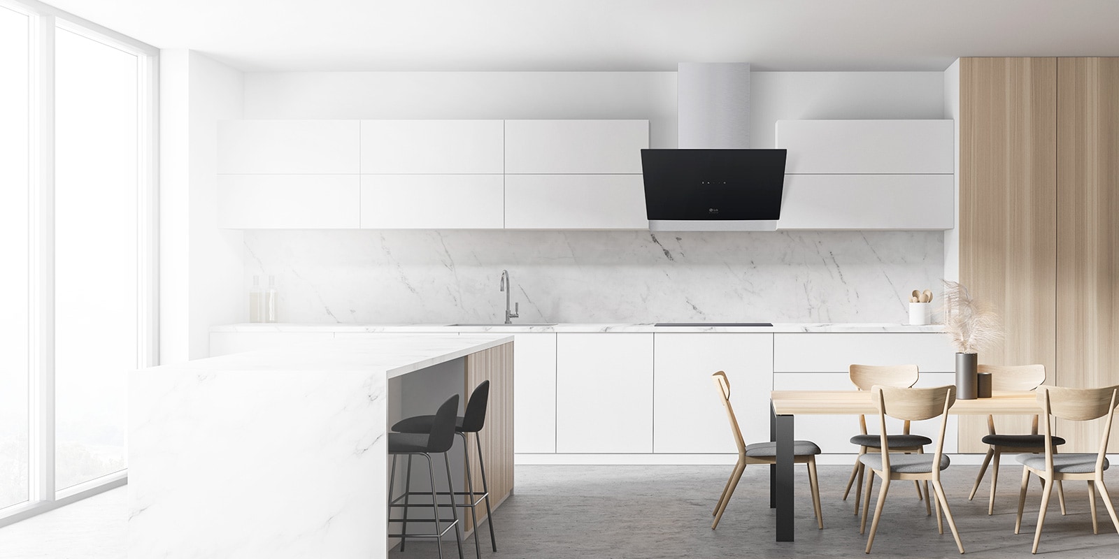 The chic black modern oven hood is installed in a modern white kitchen.