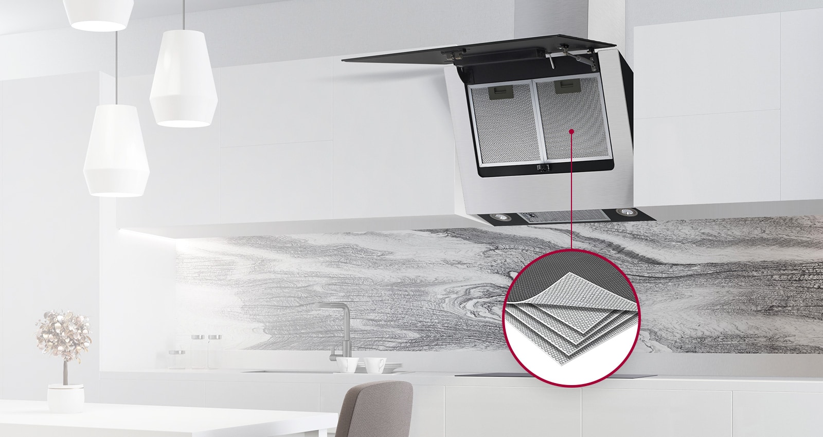 The hood is shown installed in a kitchen, the front door is open revealing the five-layer aluminum mesh inside. A circle with a line shows a magnified image of the five layer mesh inside the hood.
