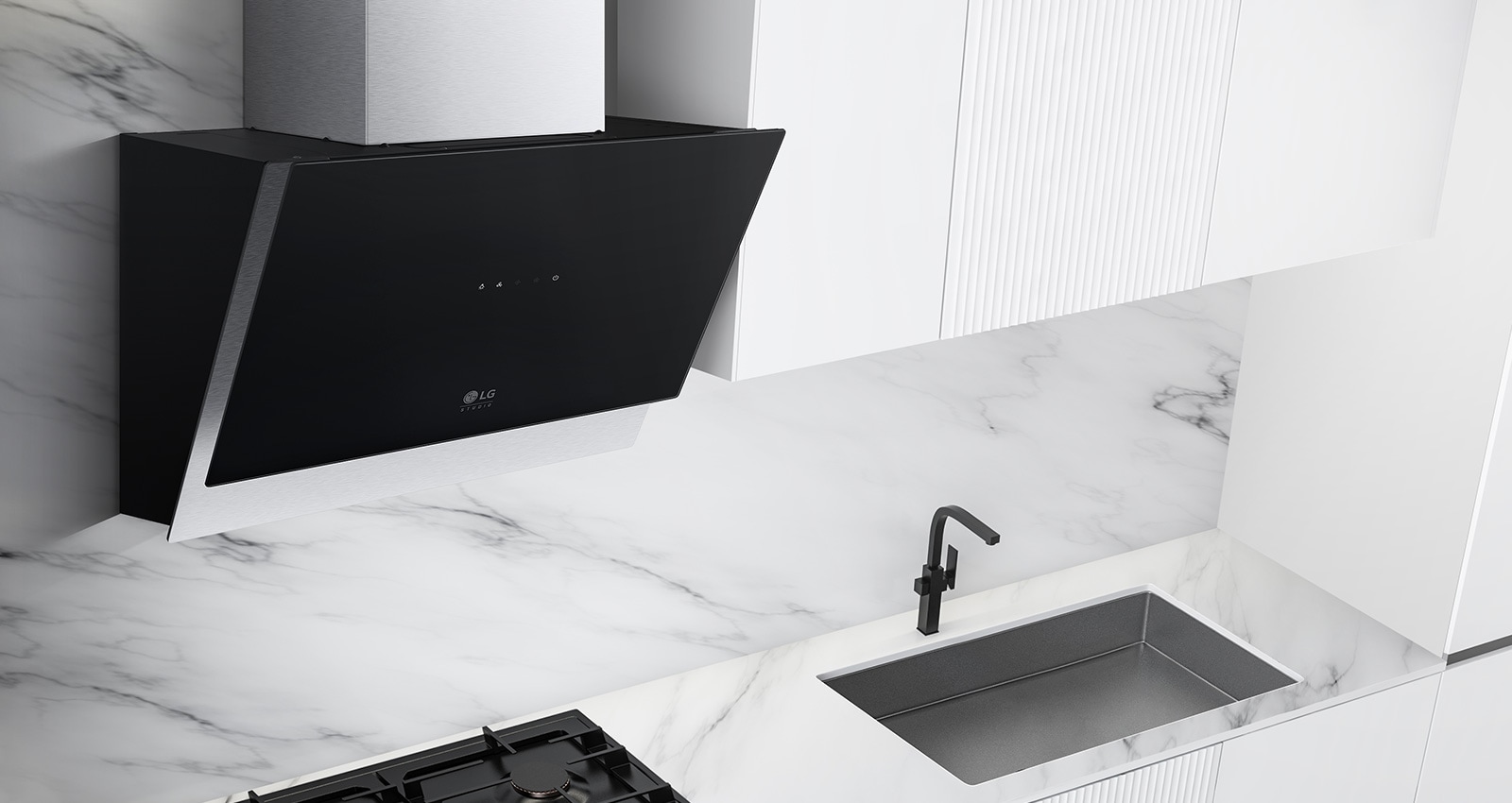 The hood is installed in a kitchen shown from an angle up looking down.