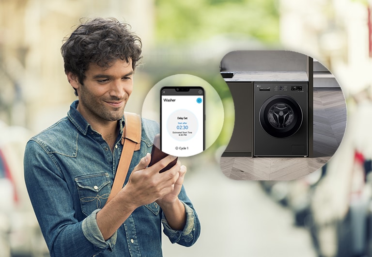 Чоловік, який дистанційно керує пральною машиною через додаток ThinQ