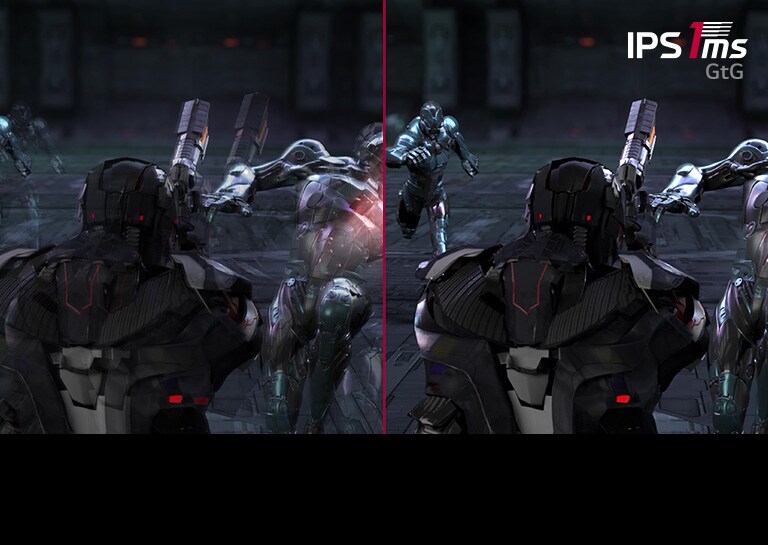 У той час як гравець оберігає і стріляє по 3 противникам в динамічній грі FPS, ігрова сцена з часом відгуку IPS 1 мс (GtG) підтримує більш чіткі зображення без затемнення і мерехтіння, в порівнянні зі сценою з часом відгуку IPS 5 мс.
