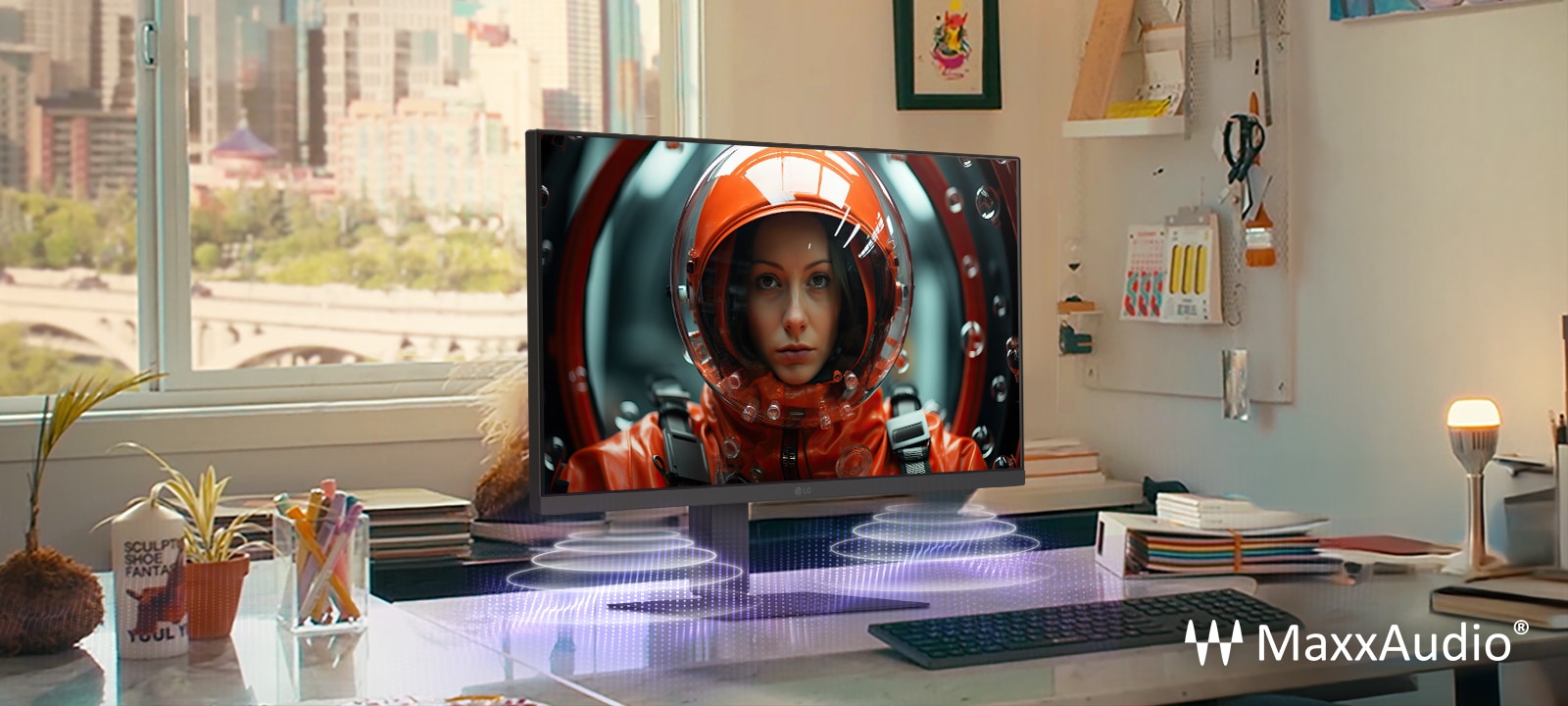 Настільна компоновка з монітором LG, на якому зображена жінка в скафандрі, доповнена візуальними ефектами MaxxAudio, що натякають на проекцію звуку через вбудований динамік.	