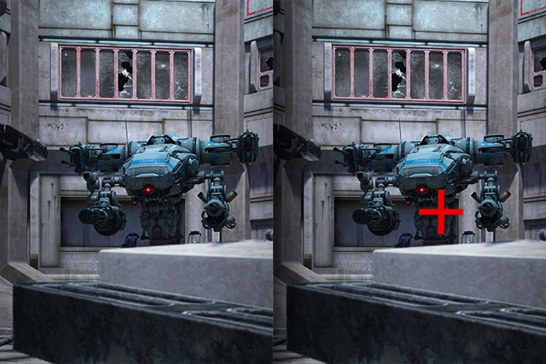 Порівняння перехрестя прицілу. На лівому зображенні перехрестя вимкнено, а на правому зображенні перехрестя увімкнено.