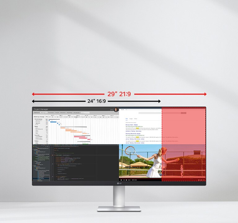 Надширокоформатний 29-дюймовий монітор LG, що наочно демонструє переваги співвідношення сторін 21:9 порівняно з 16:9, із декількома вікнами застосунків поруч для одночасної роботи над багатьма завданнями.