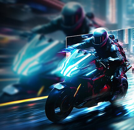 Футуристичний мотоцикліст мчить освітленим неоном міським пейзажем, з виділеною ділянкою, що показує чіткіше та чіткіше зображення для демонстрації чіткості руху.