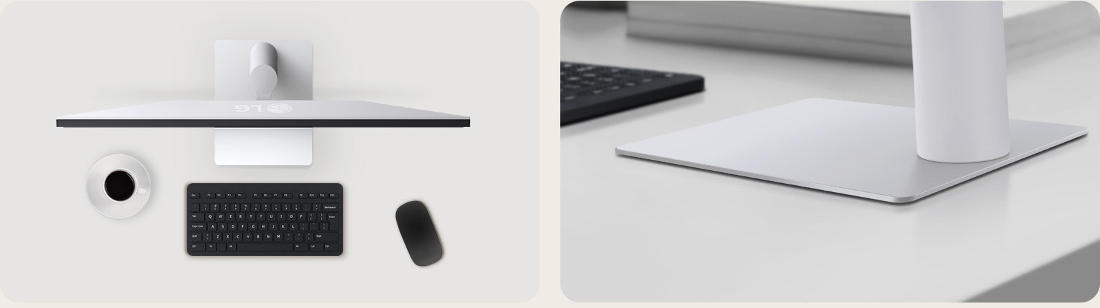 Вигляд зверху та під кутом на встановлений монітор на охайному робочому столі з чашкою кави, бездротовою клавіатурою, мишею та елегантною низькопрофільною підставкою, що забезпечує стійкість і заощаджує простір.	