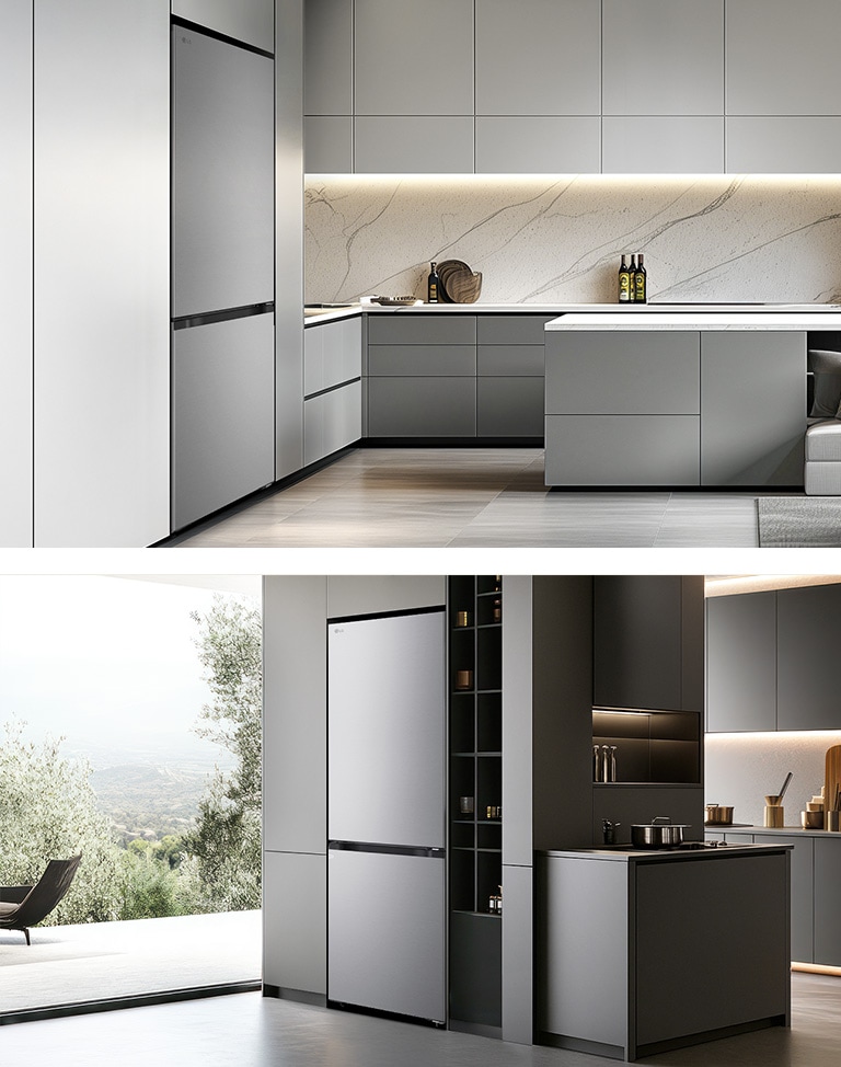 Холодильник із нижньою морозильною камерою LG (GC-B459EMYM), розташований ліворуч у світло-сірих шафах із мармуровим фартухом, праворуч — у темних шафах біля полиць із кухонним приладдям та посудом.