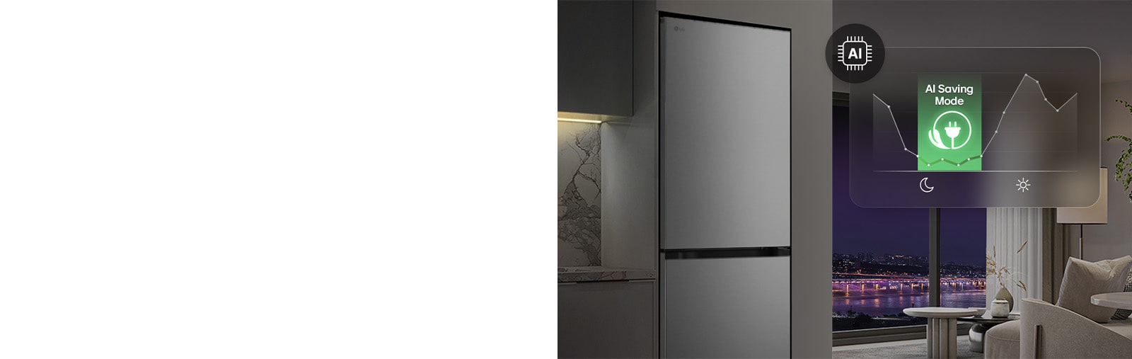 Холодильник із нижньою морозильною камерою LG (GC-B459EMYM) у житловому приміщенні на фоні нічного міського пейзажу, із накладеною графікою режиму AI Saving Mode та змінним графіком енергоспоживання.
