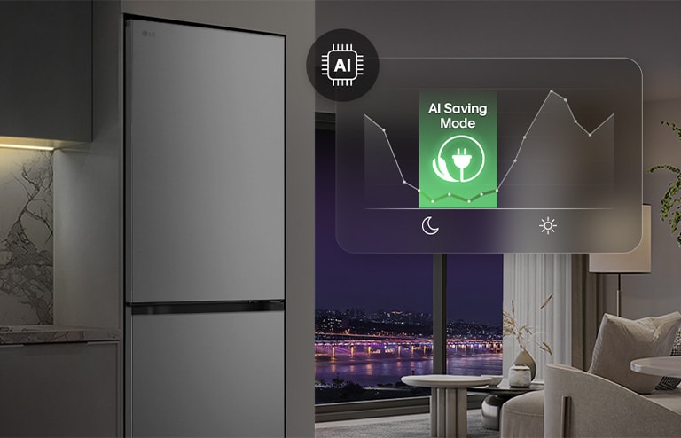 Холодильник із нижньою морозильною камерою LG (GC-B459EMYM) у житловому приміщенні на фоні нічного міського пейзажу, із накладеною графікою режиму AI Saving Mode та змінним графіком енергоспоживання.