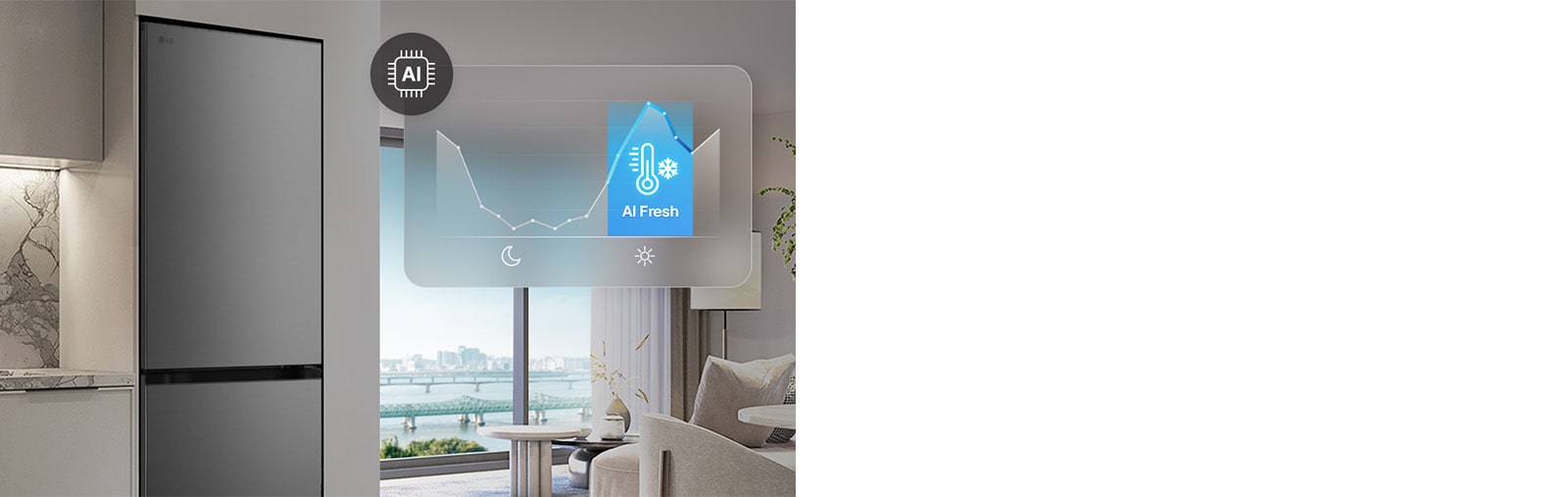 Холодильник із нижньою морозильною камерою LG (GC-B459EMYM) біля світло-сірих шаф у житловому приміщенні з видом на річку, із накладеним графіком та значком AI Fresh.