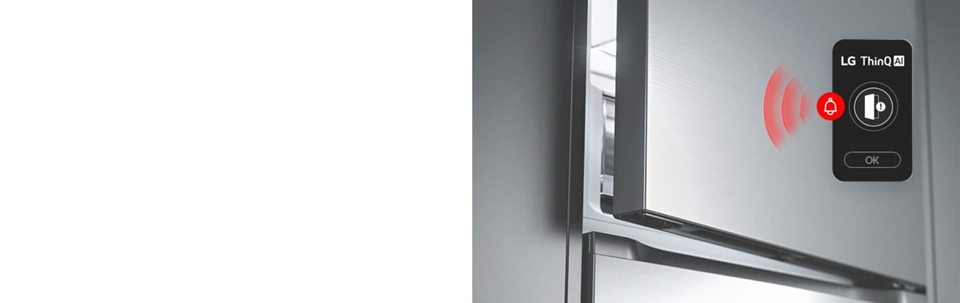 Холодильник із нижньою морозильною камерою LG (GC-B459EMYM), верхні дверцята трохи відчинені, із червоною хвилеподібною графікою, що показує значок відкритих дверцят і значок сповіщення разом.