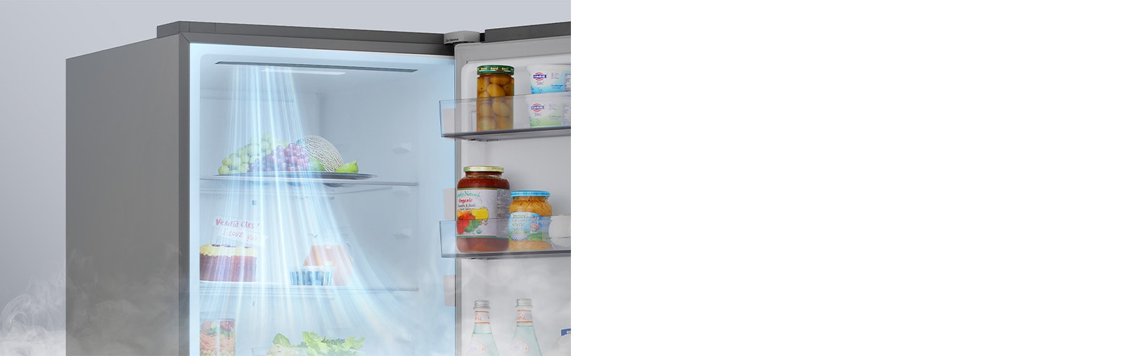 Показано затемнено холодильник та підсвічений синім кольором схематичний прохід холодоагента по ньому від компресора, розміщеного внизу праворуч.