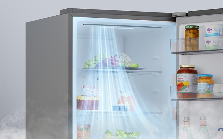 Показано затемнено холодильник та підсвічений синім кольором схематичний прохід холодоагента по ньому від компресора, розміщеного внизу праворуч.