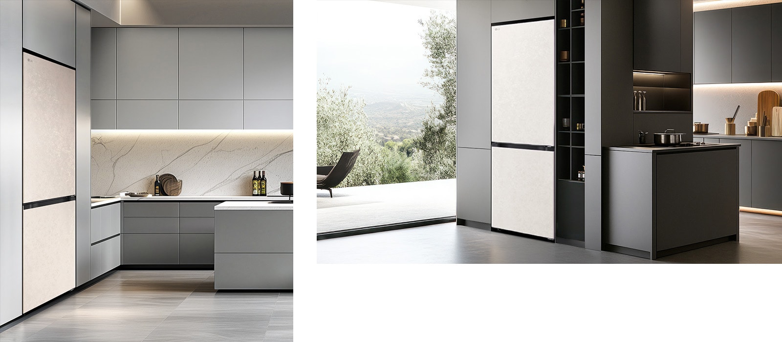 Холодильник із нижньою морозильною камерою LG (GC-B509EESM), розташований ліворуч у світло-сірих шафах із мармуровим фартухом, праворуч — у темних шафах біля полиць із кухонним приладдям та посудом.