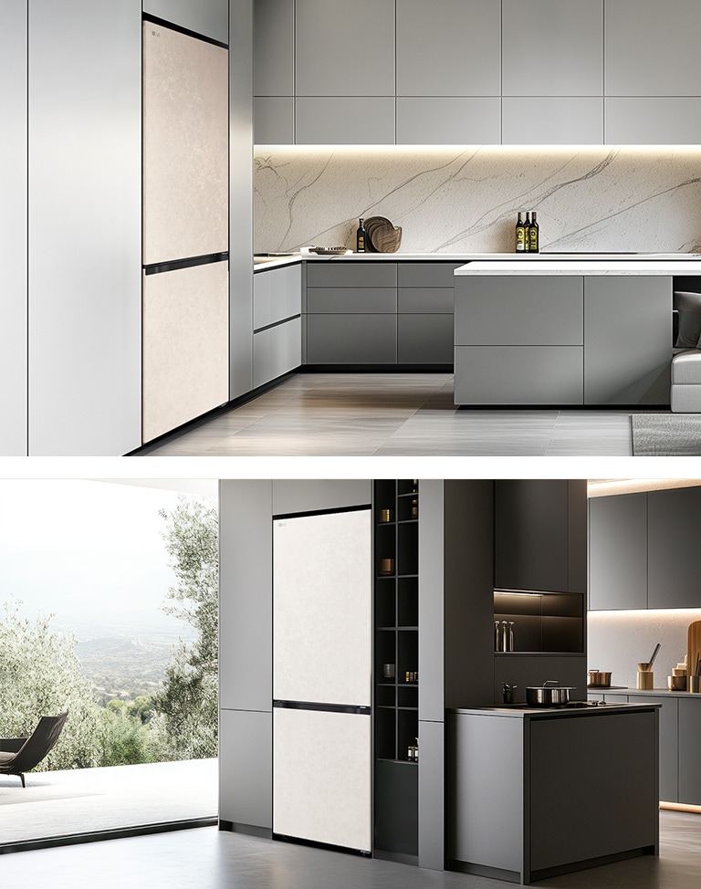 Холодильник із нижньою морозильною камерою LG (GC-B509EESM), розташований ліворуч у світло-сірих шафах із мармуровим фартухом, праворуч — у темних шафах біля полиць із кухонним приладдям та посудом.