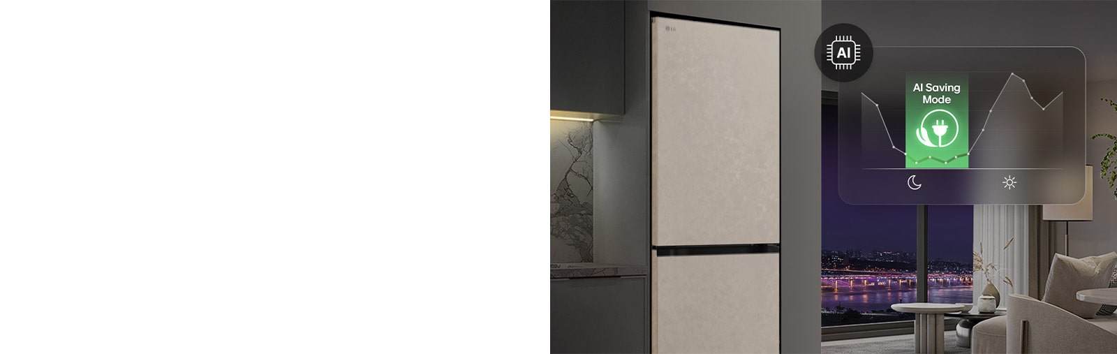 Холодильник із нижньою морозильною камерою LG (GC-B509EESM) у житловому приміщенні на фоні нічного міського пейзажу, із накладеною графікою режиму AI Saving Mode та змінним графіком енергоспоживання.