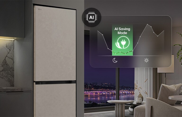 Холодильник із нижньою морозильною камерою LG (GC-B509EESM) у житловому приміщенні на фоні нічного міського пейзажу, із накладеною графікою режиму AI Saving Mode та змінним графіком енергоспоживання.
