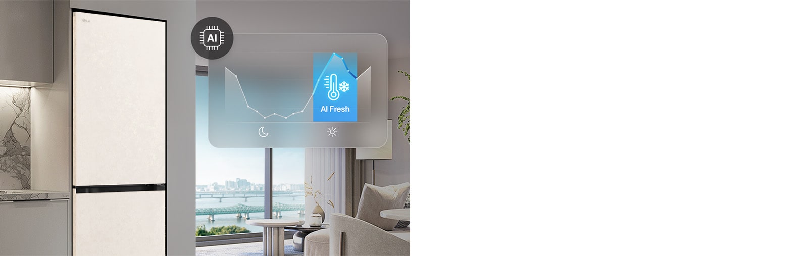 Холодильник із нижньою морозильною камерою LG (GC-B509EESM) біля світло-сірих шаф у житловому приміщенні з видом на річку, із накладеним графіком та значком AI Fresh.