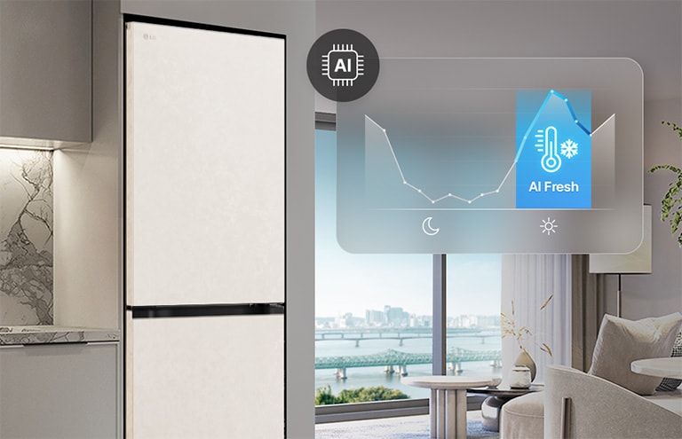 Холодильник із нижньою морозильною камерою LG (GC-B509EESM) біля світло-сірих шаф у житловому приміщенні з видом на річку, із накладеним графіком та значком AI Fresh.
