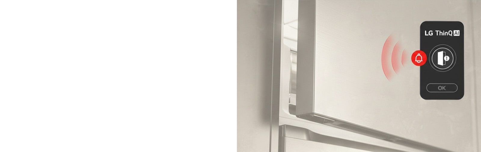 Холодильник із нижньою морозильною камерою LG (GC-B509EESM), верхні дверцята трохи відчинені, із червоною хвилеподібною графікою, що показує значок відкритих дверцят і значок сповіщення разом.