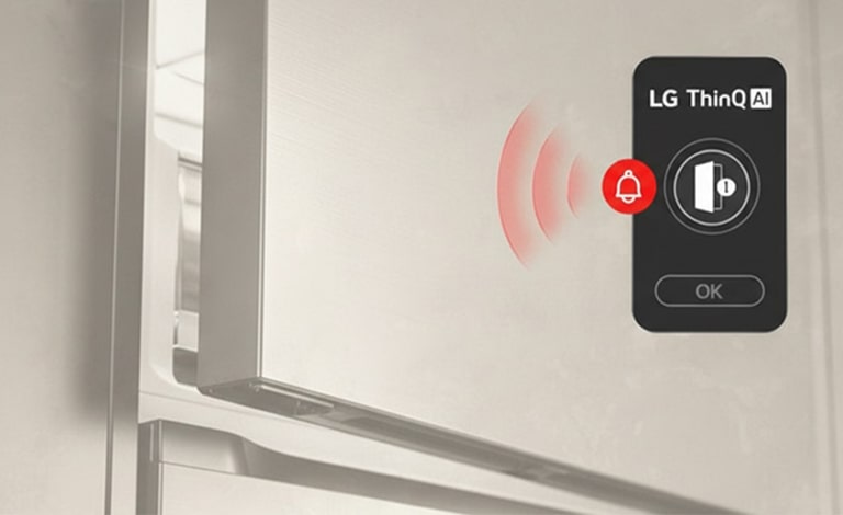 Холодильник із нижньою морозильною камерою LG (GC-B509EESM), верхні дверцята трохи відчинені, із червоною хвилеподібною графікою, що показує значок відкритих дверцят і значок сповіщення разом.