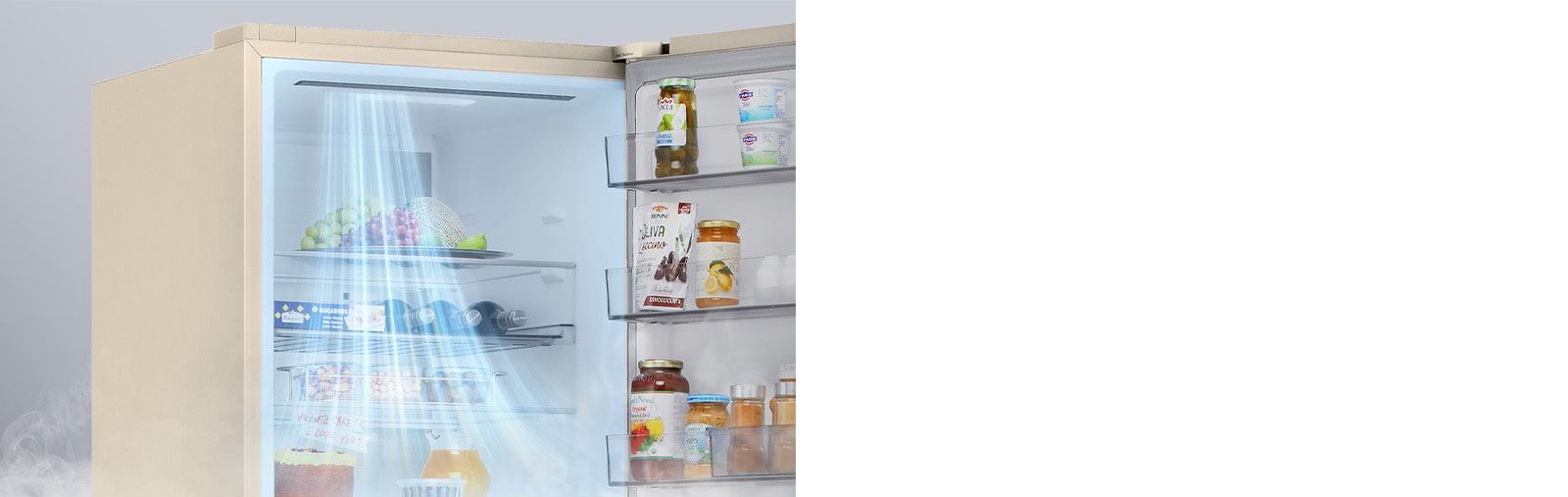 Зображення вентиляційних отворів, розташованих у передній частині холодильника, що забезпечує ефективне та рівномірне охолодження по всьому холодильнику.