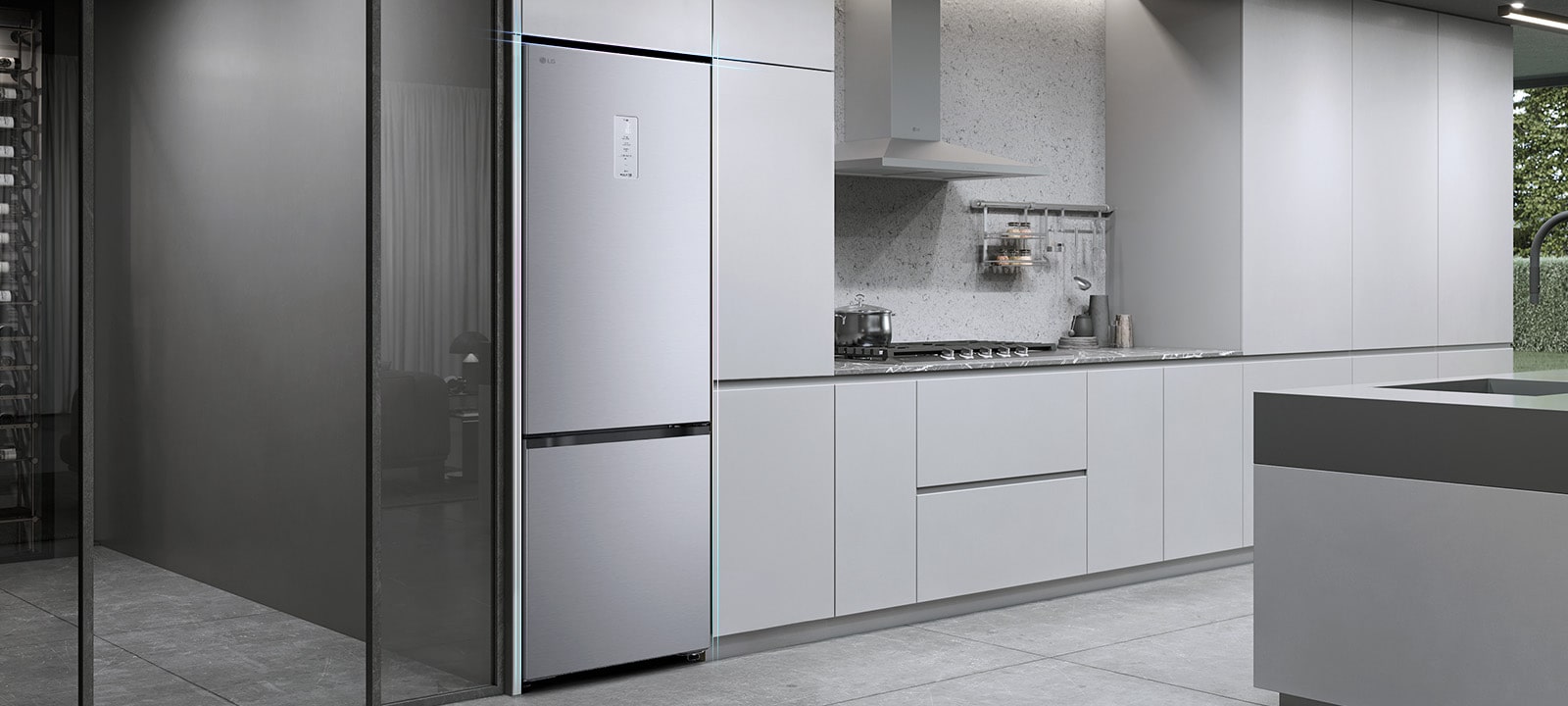 Холодильник із нижньою морозильною камерою LG (GC-B509EMKM), вбудований у сіру кухонну шафу.