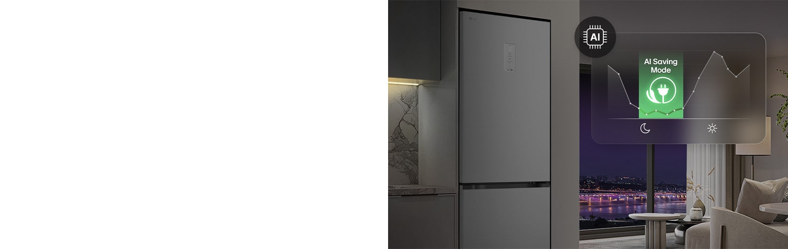 Холодильник із нижньою морозильною камерою LG (GC-B459EMYM) у житловому приміщенні на фоні нічного міського пейзажу, із накладеною графікою режиму AI Saving Mode та змінним графіком енергоспоживання.