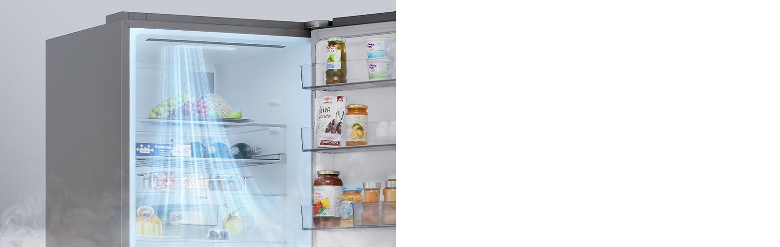 Показано затемнено холодильник та підсвічений синім кольором схематичний прохід холодоагента по ньому від компресора, розміщеного внизу праворуч.