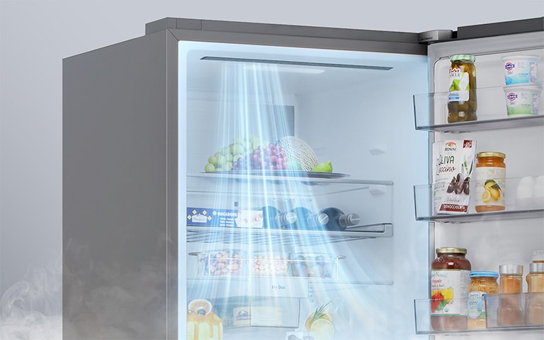 Показано затемнено холодильник та підсвічений синім кольором схематичний прохід холодоагента по ньому від компресора, розміщеного внизу праворуч.