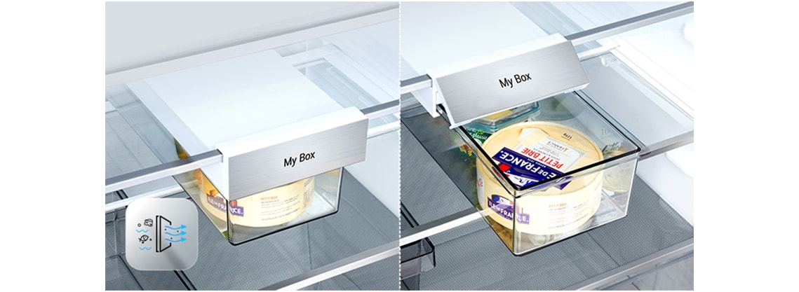 На зображенні ліворуч показано закритий контейнер із сиром. На зображенні внизу праворуч показано відкритий контейнер, на якому видно сир.