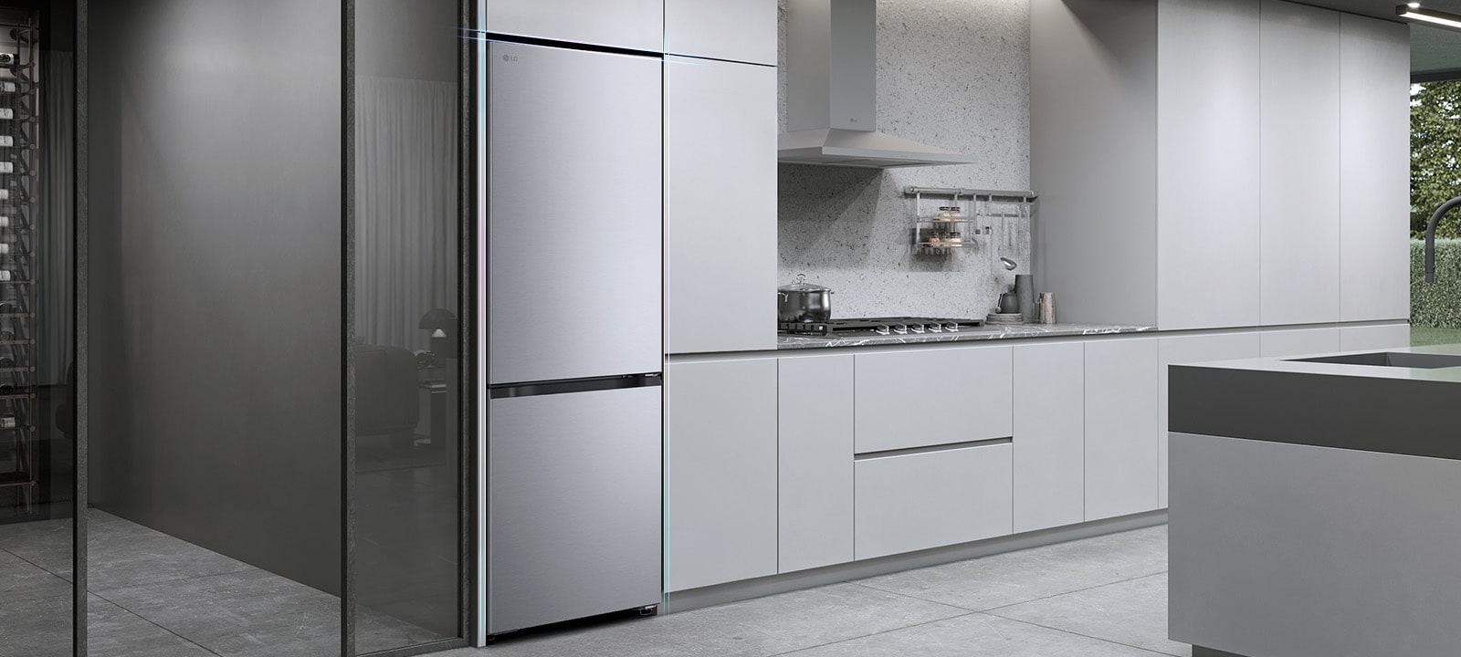 Холодильник із нижньою морозильною камерою LG (GC-B509EMSM), вбудований у сіру кухонну шафу.