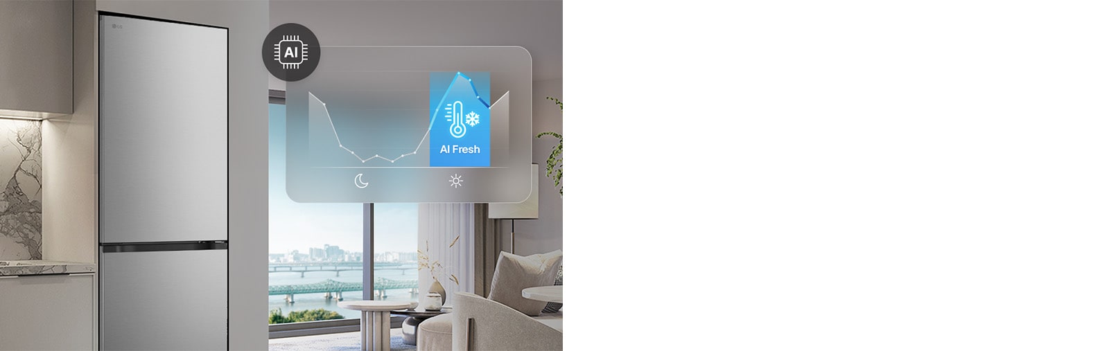 Холодильник із нижньою морозильною камерою LG (GC-B509EMSM) біля світло-сірих шаф у житловому приміщенні з видом на річку, із накладеним графіком та значком AI Fresh.