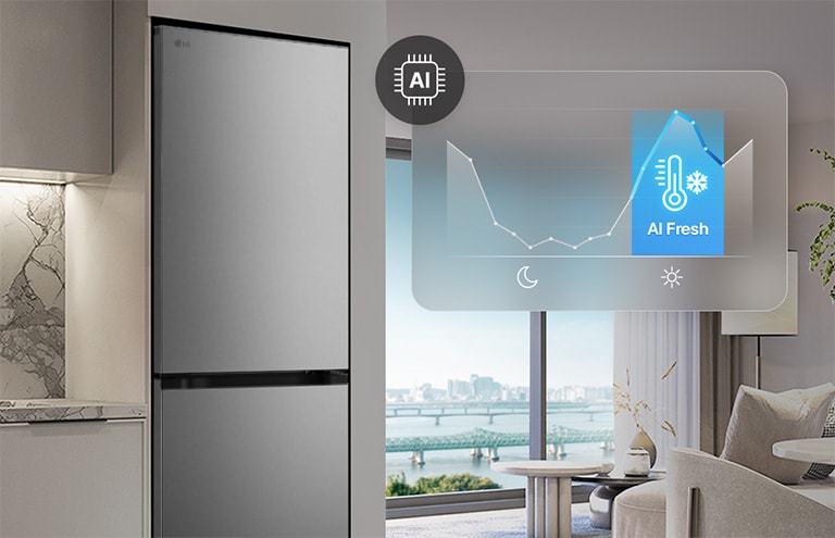 Холодильник із нижньою морозильною камерою LG (GC-B509EMSM) біля світло-сірих шаф у житловому приміщенні з видом на річку, із накладеним графіком та значком AI Fresh.
