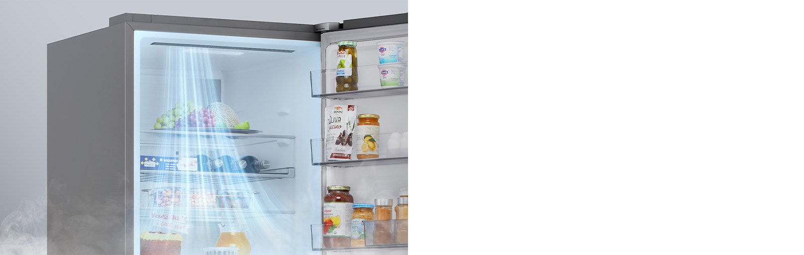 Зображення вентиляційних отворів, розташованих у передній частині холодильника, що забезпечує ефективне та рівномірне охолодження по всьому холодильнику.