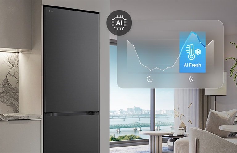 Холодильник із нижньою морозильною камерою LG (GC-B509ETSM) біля світло-сірих шаф у житловому приміщенні з видом на річку, із накладеним графіком та значком AI Fresh.