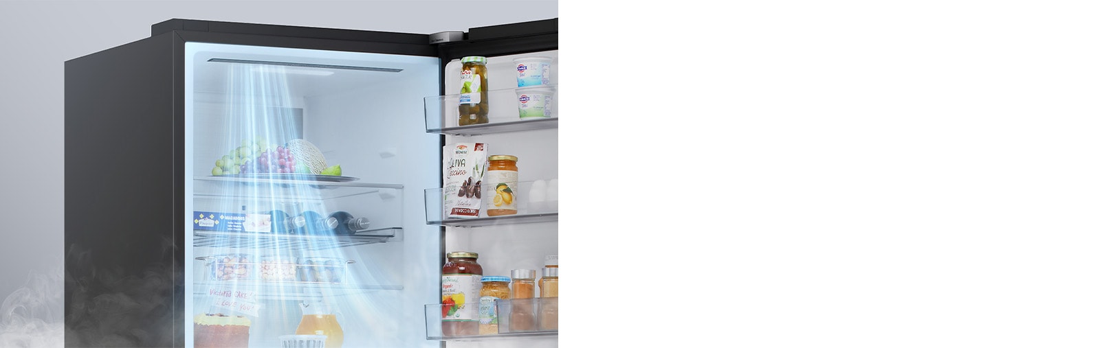 Зображення вентиляційних отворів, розташованих у передній частині холодильника, що забезпечує ефективне та рівномірне охолодження по всьому холодильнику.