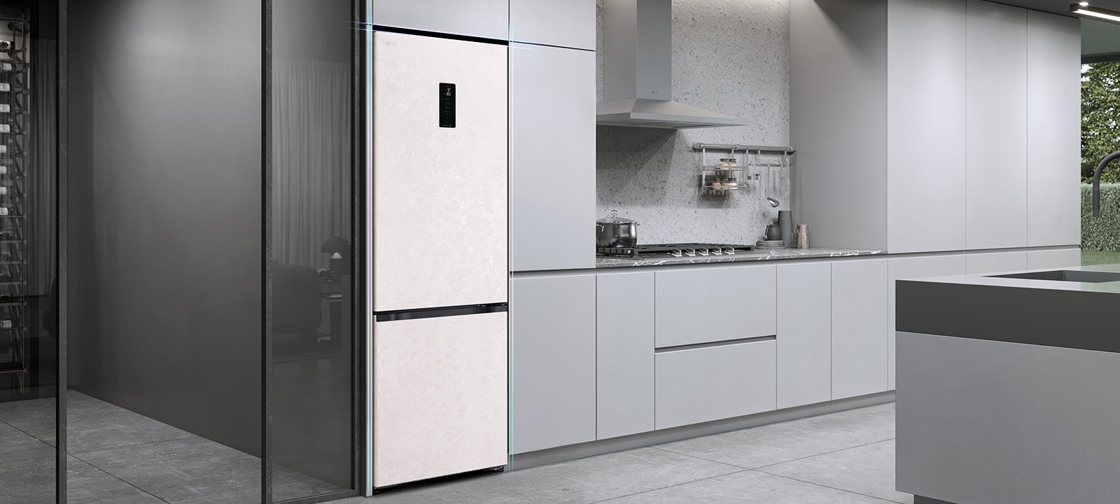 Холодильник із нижньою морозильною камерою LG, вбудований у сіру кухонну шафу.