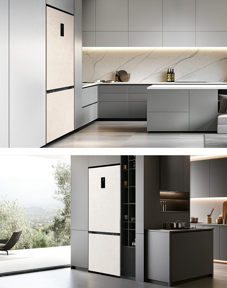 Холодильник із нижньою морозильною камерою LG, розташований ліворуч у світло-сірих шафах із мармуровим фартухом, праворуч — у темних шафах біля полиць із кухонним приладдям та посудом.