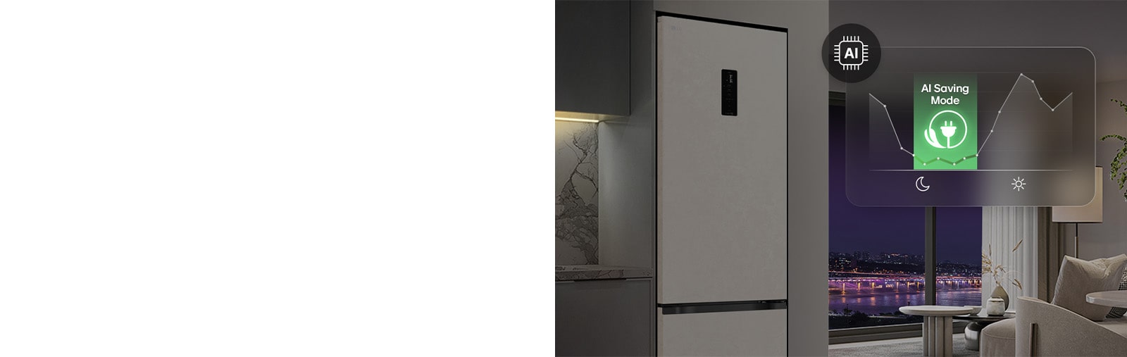 Холодильник із нижньою морозильною камерою LG у житловому приміщенні на фоні нічного міського пейзажу, із накладеною графікою режиму AI Saving Mode та змінним графіком енергоспоживання.