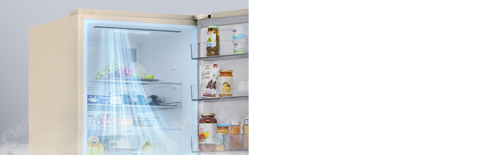 Зображення вентиляційних отворів, розташованих у передній частині холодильника, що забезпечує ефективне та рівномірне охолодження по всьому холодильнику.